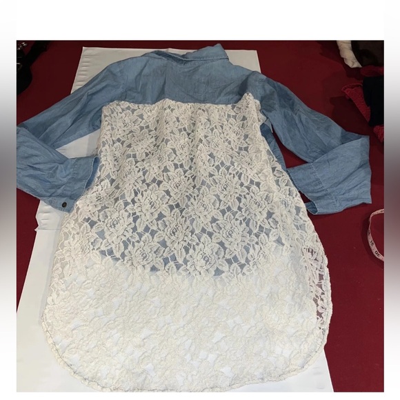 XL hint of mint BLUE Jean shirt white LACE BACK Chambray Oversized button up XL - Picture 7 of 12